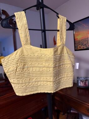 Avec Les Filles Yellow Embroidered Pintuck Crop Top